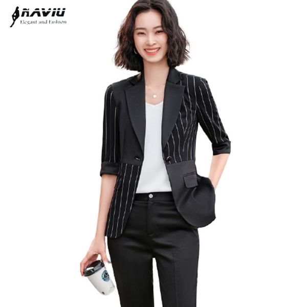 

women's two piece pants fashion women stripe suits summer temperamen business formal half sleeve patchwork blazer and office ladies wor, White