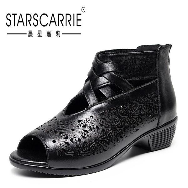 

sandals 2021 roman for middle-aged and elderly mothers leather thick middle heel breathable hollow fish mouth cool boots, Black