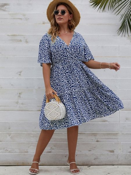 

plus ditsy floral print ruffle hem dress b0sp#, Black