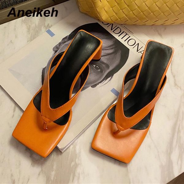 

aneikeh summer sapatos das mulheres 2021 flip flops solid fashion daily square toe slippers stiletto heels shallow white outside, Black
