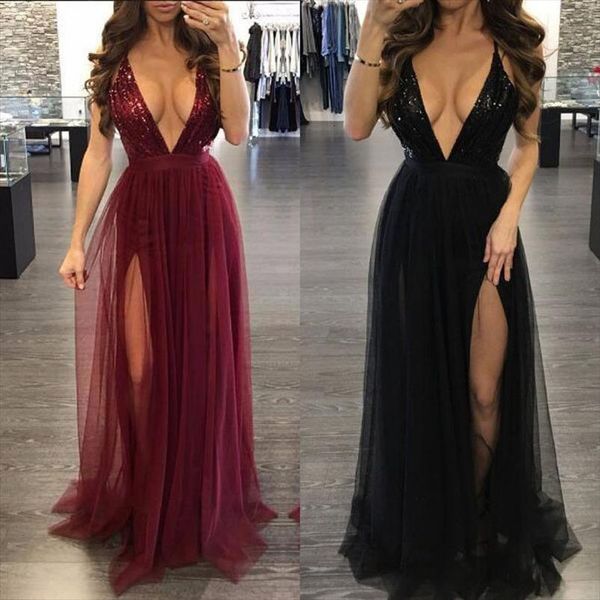 

sleeveless deep v neck women dress floor length high waist pleated mesh clothes long formal party ball gown, Black;gray