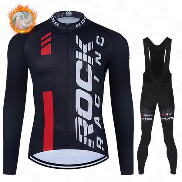 

racing sets 2021 winter cycling jersey team rock bib set mtb bicycle clothing bike jacket thermal fleece men's long wear, Black;blue