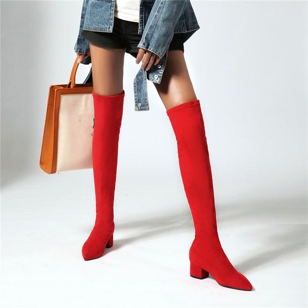 

boots elastic flock slim fit over the knee women slip on ladies low heel long thigh high women's shoes autumn winter, Black