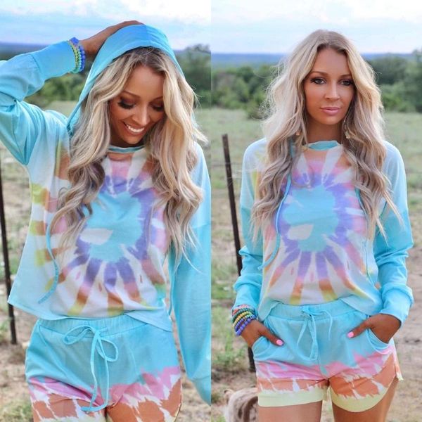 

women's tracksuits european and american long sleeved tie dyed printed hooded home suit sweater shorts, Gray