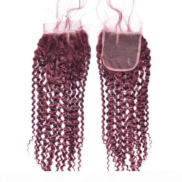

#99j wine red 4x4 front lace closure bleached knots kinky curly virgin brazilian burgundy human hair lace closure piece with baby hair, Black;brown