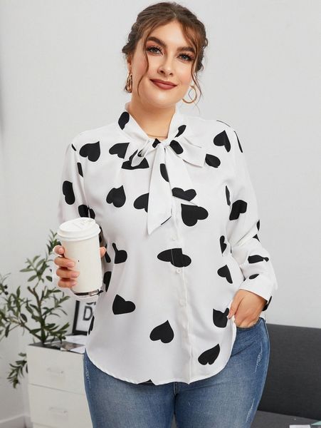 

plus heart print tie neck blouse j90n#, Black