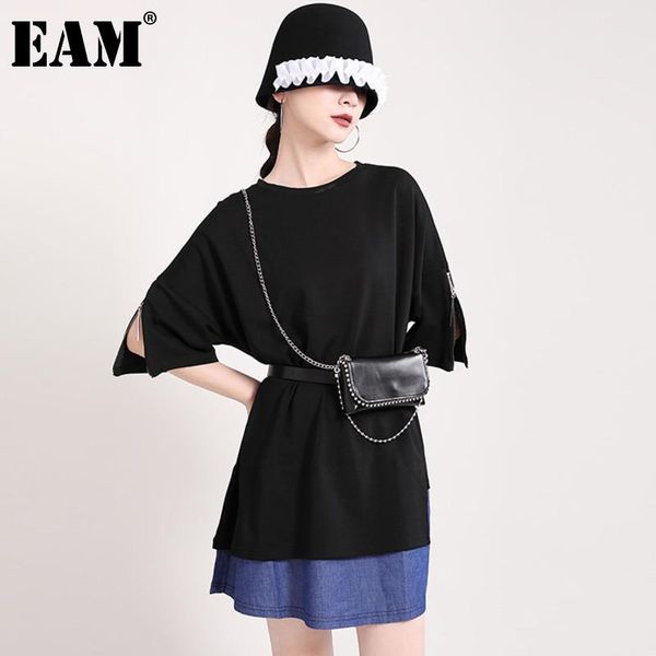 

casual dresses [eam] women black spliced big size denim zipper dress round neck half sleeve loose fit fashion spring summer 2021 1dd7668, Black;gray