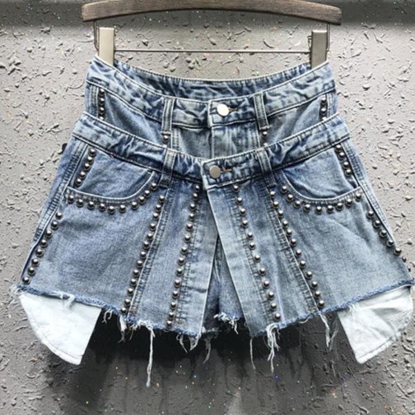 

2021 spring and summer new personality fake two pieces jeans shorts women beaded high waist denim short skirt, White;black