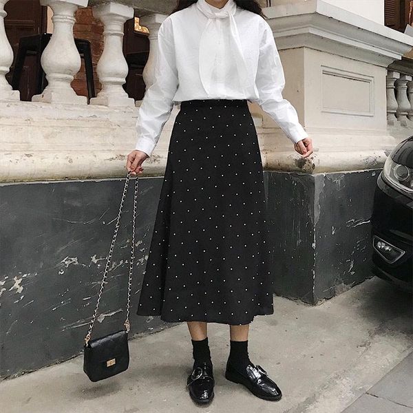 

skirts women's vintage mid long a-line dot trumpet black all-match bandage skirt 2021 spring summer lady casual vestidos
