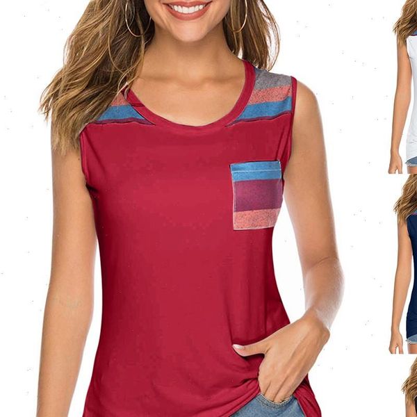 

summer new fashion womens casual sleeveless round neck tunic slim shirt blouse with pocket wholesale z4, White