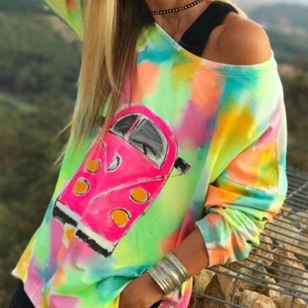 

tie dye print women t-shirt colorful off shoulder plus size 5xl long sleeve tshirt female 2021 summer spring outdoor t-shirts, White