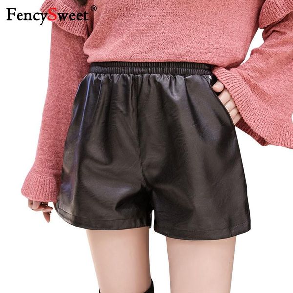 

women's shorts fencysweet women wide leg pu autumn winter elastic waist faux leather booty korean plus size black short pants 3xl, White;black