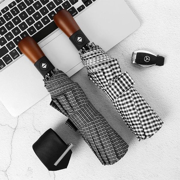 

umbrellas ten bone windproof umbrella three-fold automatic sunny folding male business solid wood stripes black