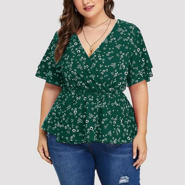 

2021 fashion summer floral beach blouse plus size women v neck short sleeve hole back blouse ladies, White