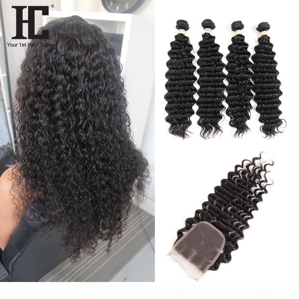 

hc hair deep wave 4 bundles with 4x4 lace closure peruvian deep wave virgin hair weave bundle human hair extensions, Black