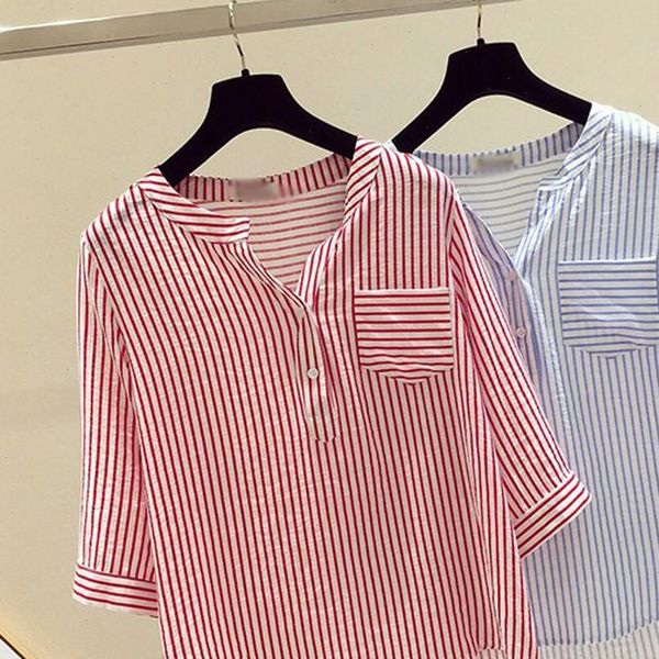 

women shirt blouse fashion leisure v neck button stripe half sleeve shirts short sleeve striped summer blouses, White