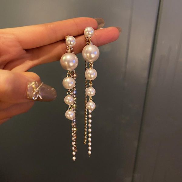 

dangle & chandelier long earrings for women 2021 fashion full crystal simulated pearl tassel drop earring vintage gold color jewelry, Silver