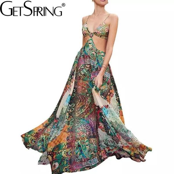 

getspring women dress maxi dress floral printed spaghetti strap deep v neck hollow out large hem plus size party dresses 210719, White;black