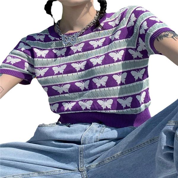 

women's t-shirt women casual knitted butterfly print round-neck short sleeve crop summer fashion e-girl y2k tee for girls, White