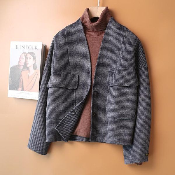 

women's wool & blends double-sided plush coat plaid single breasted casual women female 2021 hand-stitched, Black