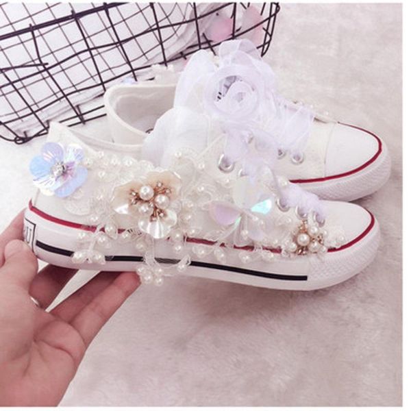

sandals lace low canvas girls's shoes flowers casual water drill pearl hand sewn bead flat sole leisure mall white, Black