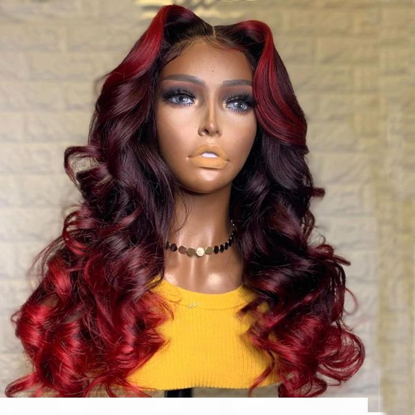 

ombre red wave wig lace front human hair wigs pre plucked with baby hair ombre color brazilian wave remy hair, Black;brown