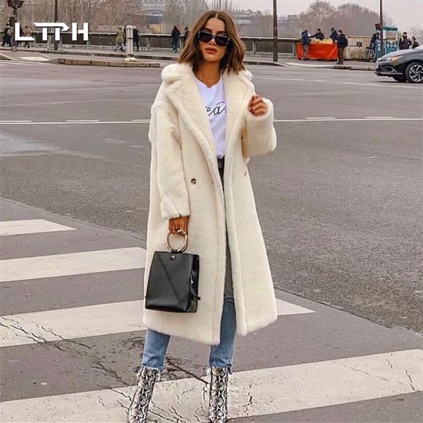 

ltph 2021 winter new arrival fashion casual simple solid color real fur coat women thick lamb hair long sleeve cashmere jacket, Black
