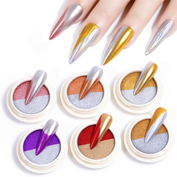 

nail glitter double color bubble mirror powder metallic holographics chrome dust sparkling flakes pigment manicur art decor, Silver;gold