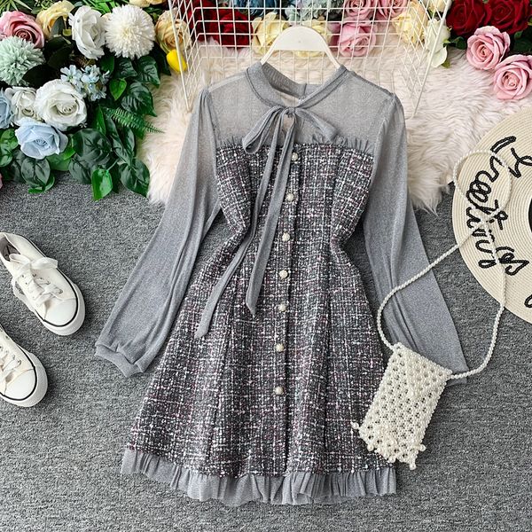 

autumn fashion long sleeve mini women tweed patchwork mesh ruffles elegant vintage korean slim plaid woolen vestidos ryt1, Black;gray