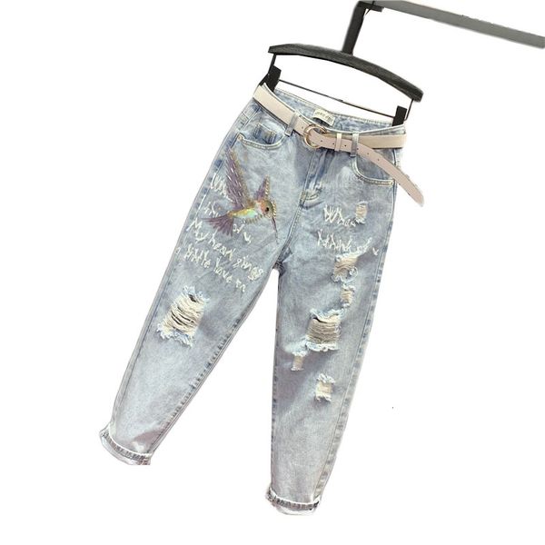 

2021 apring autumn women's pants heavy work deading denim sequins high waistline hallen loose cross female jeans y362 r6kr, Blue