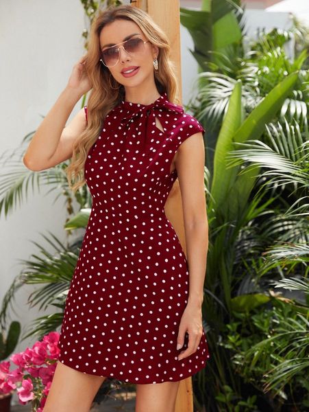

tie neck polka dot dress m9ng#, Black;gray