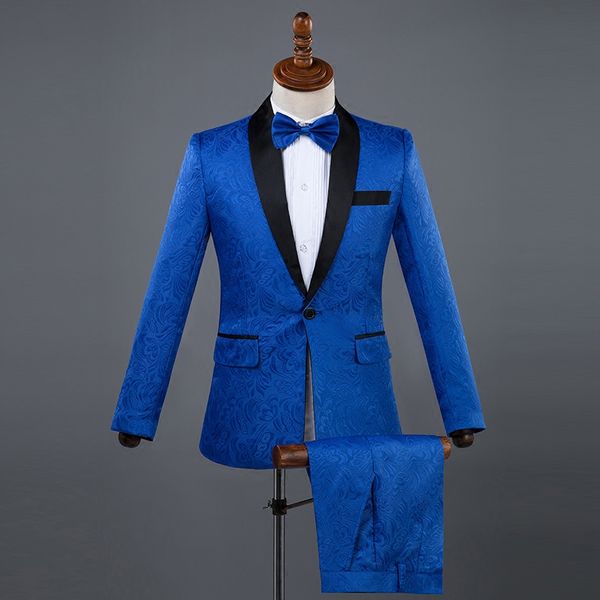 

latest male slim suit costumes black white red blue blazers pants suit singer host wedding star show stage outfit, Black;red