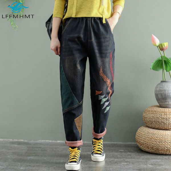 

2021 new vintage patchwork embroidery denim for women office lady elastic waist winter fall fleece thicken casual t45l, Blue