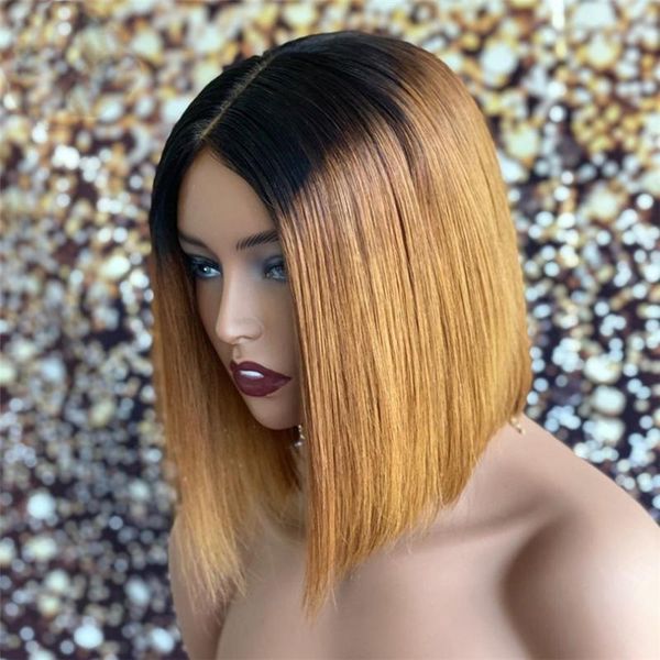 

synthetic wigs ombre blonde short bob wig straight lace front for women brown heat resistant cosplay middle part, Black