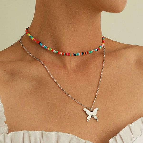 

pendant necklaces bohemian colorful beads butterfly necklace for women vintage double layers chains clavicle colar jewelry gift, Silver