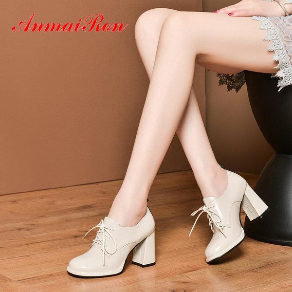 

dress shoes anmairon 2021 woman basic lace-up patent leather round toe square heel high heels classics women pumps 34-43, Black