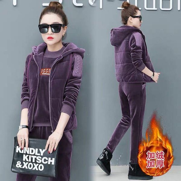 

two piece dress 3pcs women pleuche set suits long sleeve tracksuit hoodies+long pants winter sports suit jogging running sportswear, White