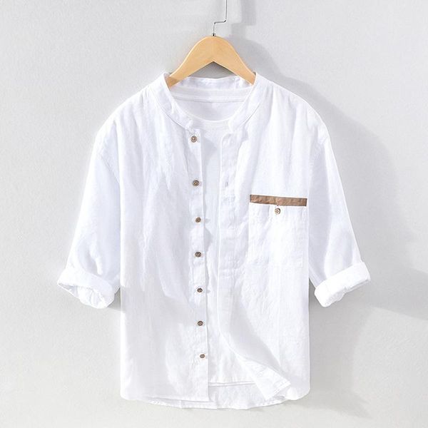 

men's casual shirts 2021 linen half sleeves shirt summer stand collar, White;black
