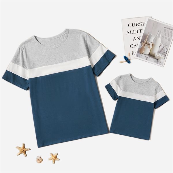 

grey - white blue three color splice print tshirts for dad and me 210528