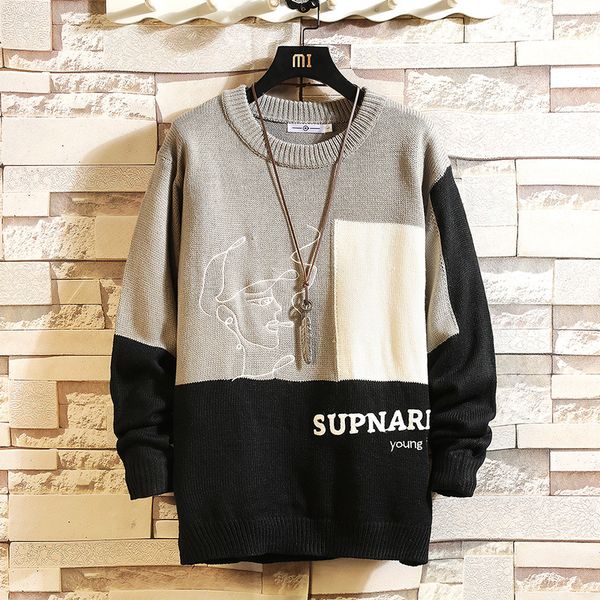 

2021 new sweaters men's patchwork long sleeves autumn winter pullover knitted o-neck plus oversized 5xl bjyn, White;black