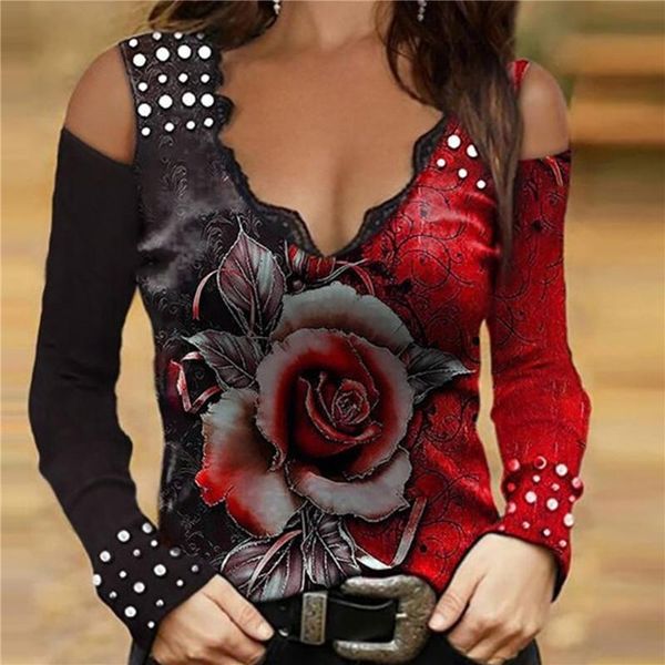 

women's t-shirt fashion vintage print long sleeve t-shirts women sling v-neck off shoulder elegant rose pattern tee shirt streetwe, White