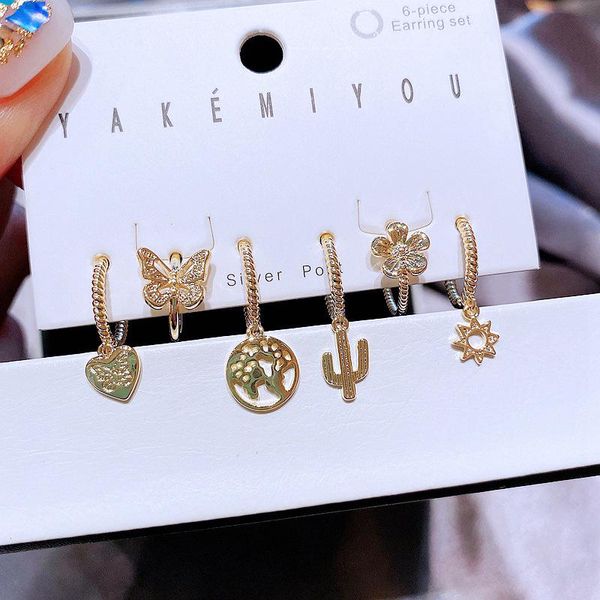 

hoop & huggie fashion 6 piece set butterfly earrings geometric dangle drop for women wedding party jewelry, Golden;silver