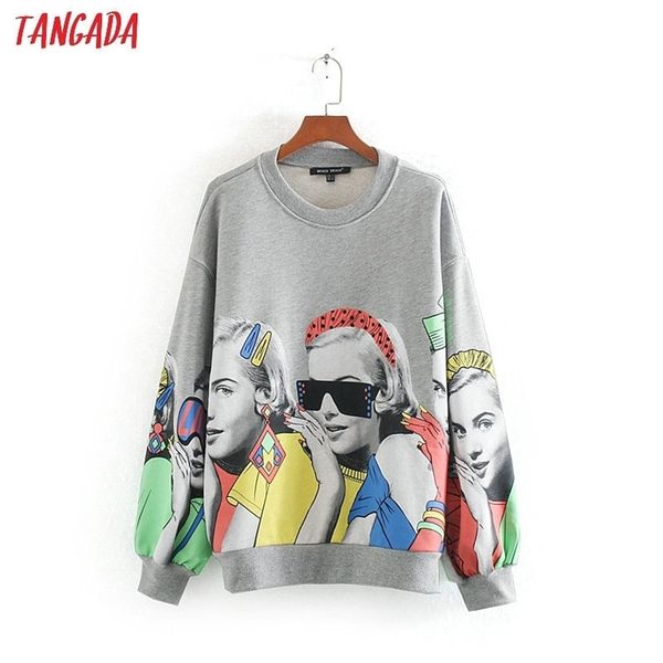 

tangada women fashion charater print gray sweatshirts oversize long sleeve o neck loose pullovers female ce143 y200608, Black