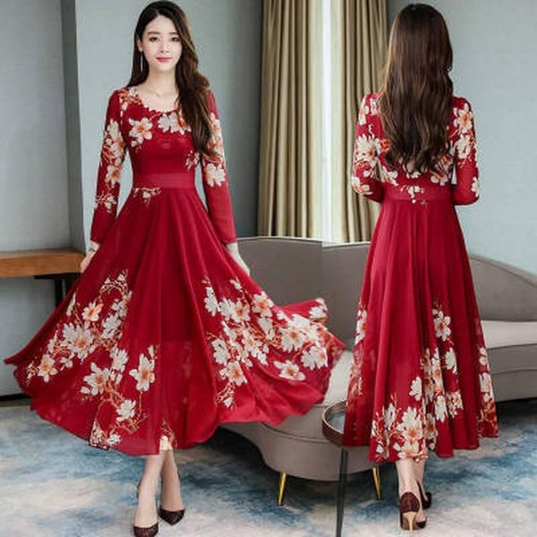 

casual dresses elegant plus size women o neck long sleeve floral print large swing maxi dress, Black;gray