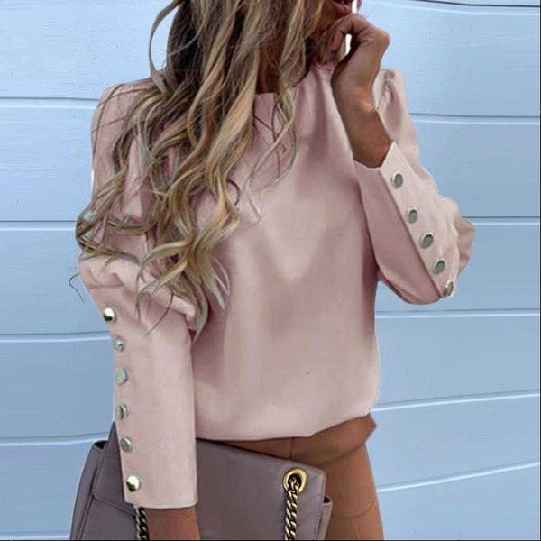 

puff shoulder office autumn metal women shirt buttoned detail pineapple print long sleeve top, White