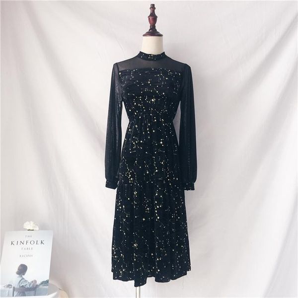 

casual dresses 2021 autumn women mesh long sleeves patchwork a line dress female beautiful party a1428, Black;gray