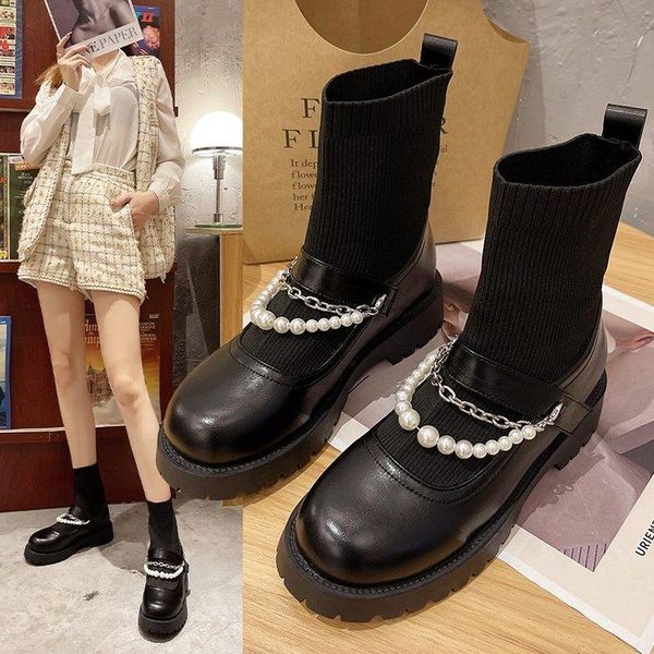 

boots autumn sock women shoes designer fashion pearl chain elastic ankle thick heels mary jane woman 2021, Black