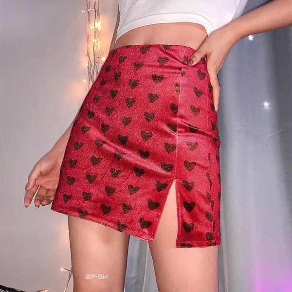 

skirts vintage heart print mini split skirt women summer 2021 fashion high waist female short a-line faldas mujer streetwear, Black