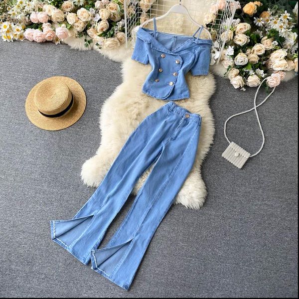 

women denim jeans pants sets off shoulder buttons straps jean flared trousers suit for woman, Gray