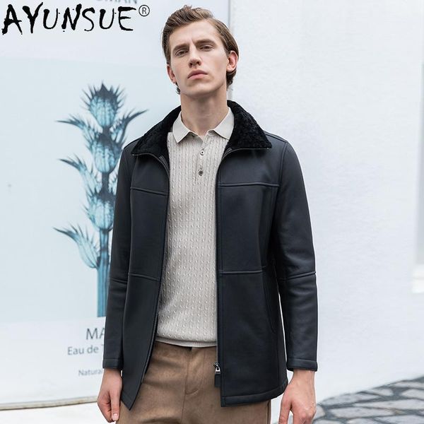 

men's leather & faux ayunsue 2021 genuine sheepskin jacket men clothing real sheep shearling jackets winter coat hommes veste lxr1033, Black